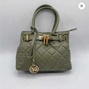 NWT Badgley Mischka Chic Olive Quilted Shoulder Bag with Gold Accents